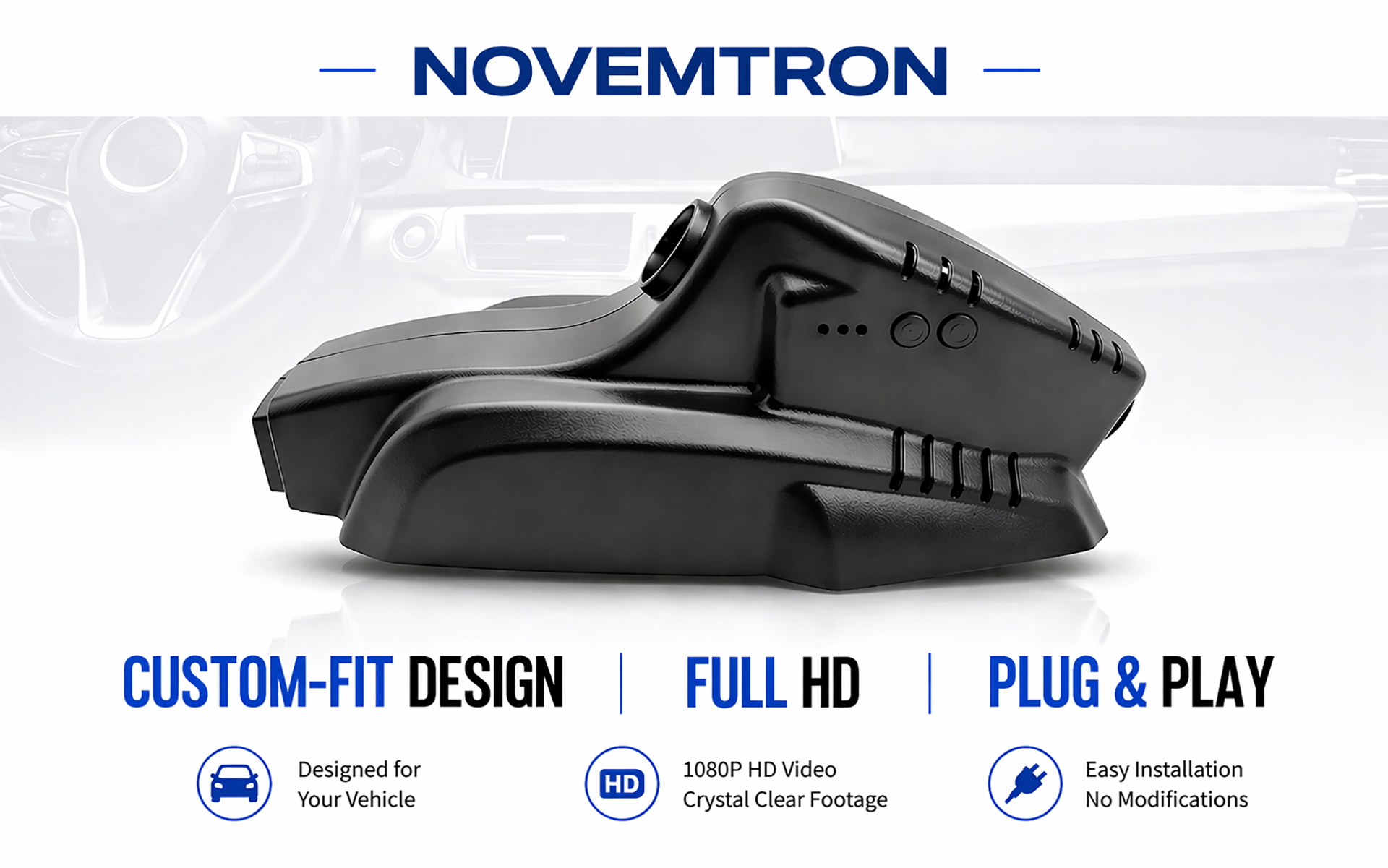 Novemtron custom-fit Full HD dashcam close-up, 1080P crystal clear footage, plug and play no modifications