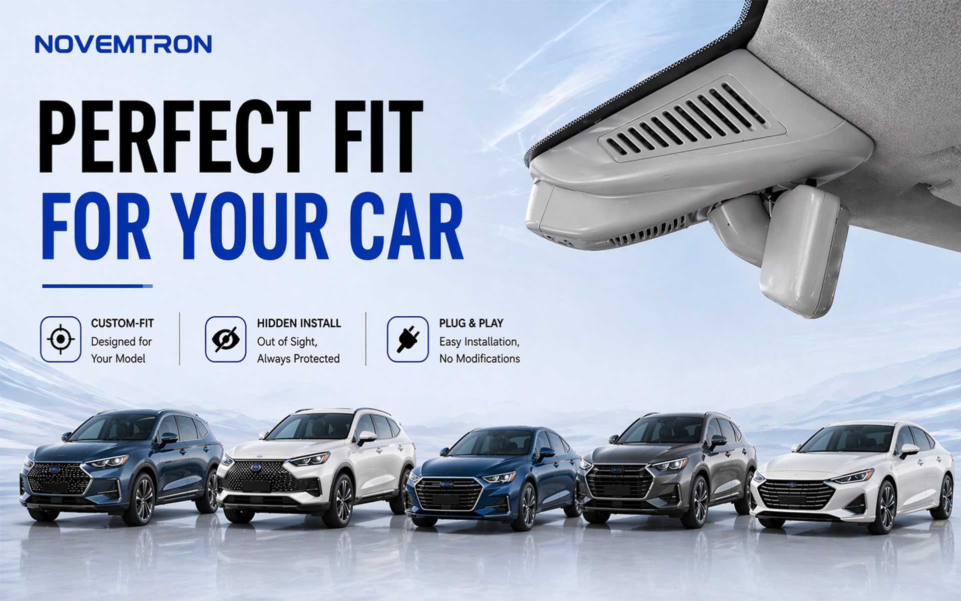 Novemtron dashcam perfect fit for different car models, custom-fit hidden install plug and play dashcam